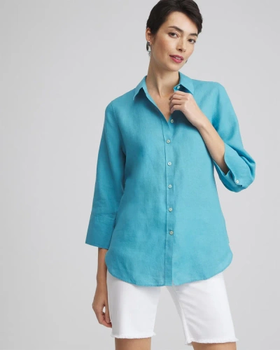 Chico's No Iron Linen 3/4 Sleeve Shirt In Blue Size Xl |  In Cool Water