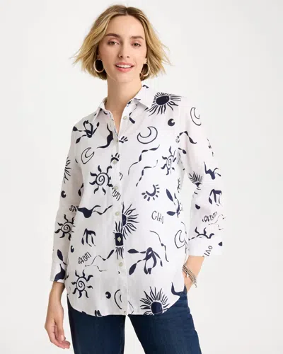 Chico's No Iron Linen Beach Shirt In Blue In White