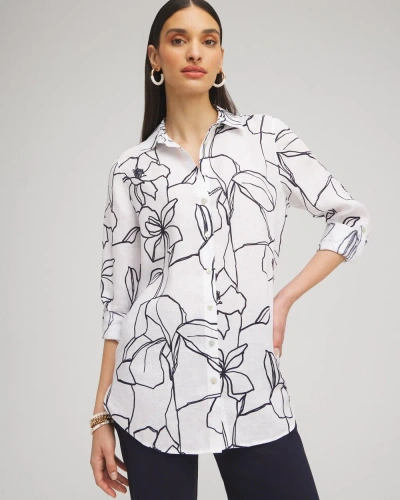 Chico's No Iron Linen Floral Tunic Top In White Size Large |