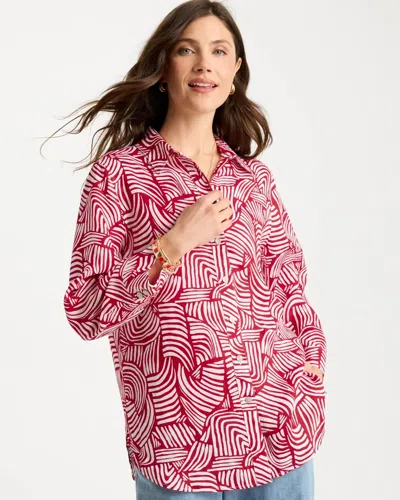Chico's No Iron Linen Geo Print Shirt In Cherry Lush In Multi