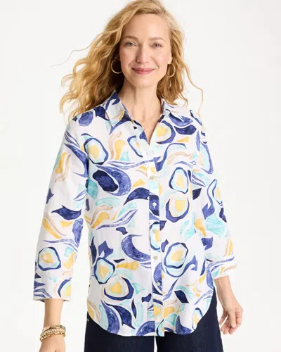 Chico's No Iron Linen Handpainted Print Shirt In Blue In Multi