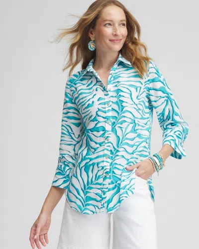 Chico's No Iron Linen Palms 3/4 Sleeve Shirt In Oceano Size Small |