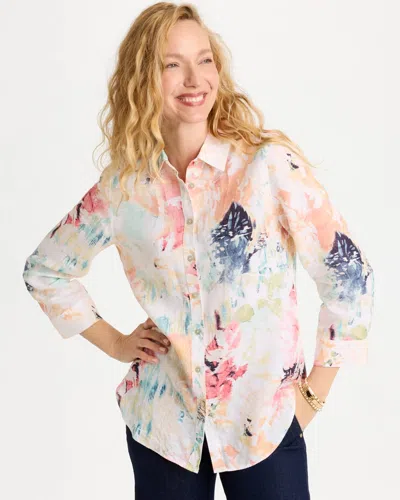 Chico's No Iron Linen Printed Shirt In Calypso Coral In Multi