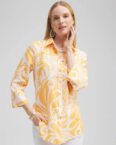 Chico's No Iron Linen Scroll 3/4 Sleeve Shirt In Mango Sorbet Size Small |