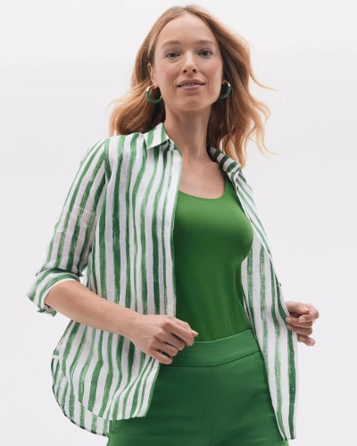 Chico's No Iron Linen Stripe 3/4 Sleeve Shirt In Verdant Green Size Medium |