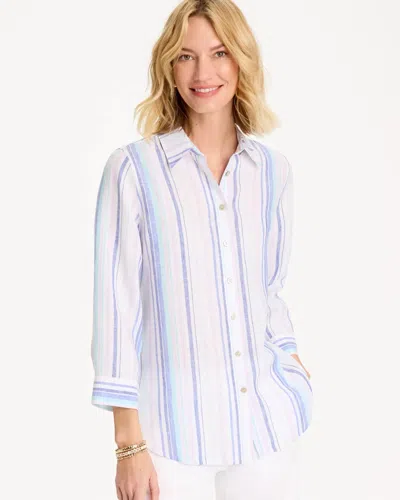 Chico's No Iron Linen Striped Shirt In Amparo Blue