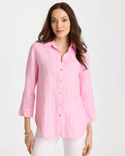 Chico's No Iron Linen Striped Shirt In Pink Pansy