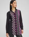 CHICO'S NO IRON™ MEDALLION STRETCH TUNIC TOP IN BLACK SIZE LARGE | CHICO'S