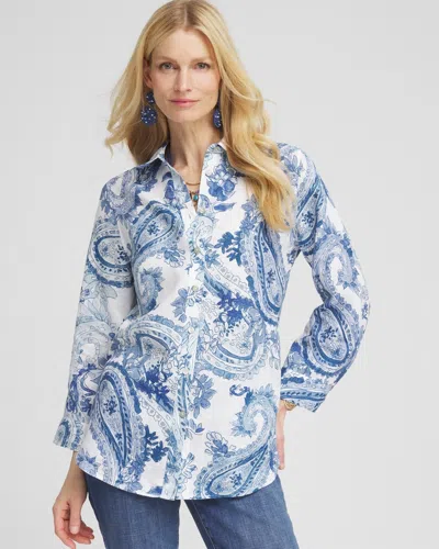 Chico's No Iron™ Paisley Linen Shirt In Blue Size Large |  In Seaport Blue