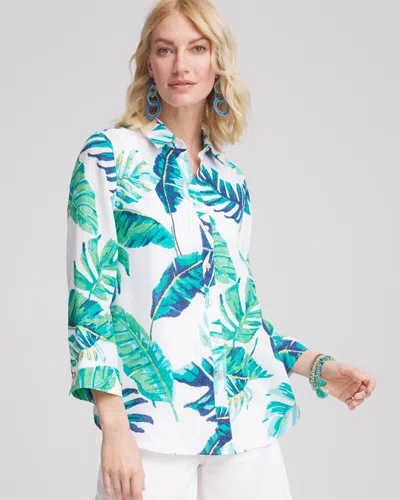 Chico's No Iron Palm Print Linen Shirt In Blue In Green