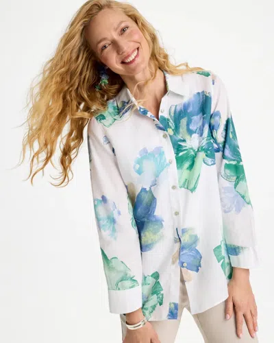 Chico's No Iron Printed Linen Shirt In Blue In Multi
