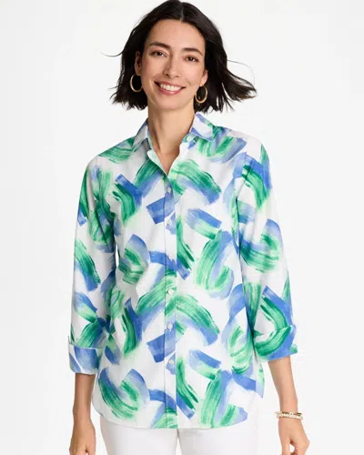 Chico's No Iron Printed Stretch Shirt In Amparo Blue In Multi