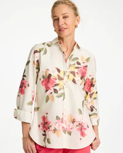 Chico's No Iron Printed Stretch Shirt In Hot Honeysuckle In White