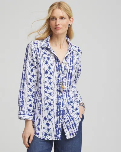 Chico's No Iron Star Print Linen Shirt In Blue