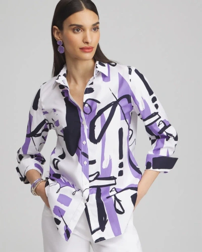 Chico's No Iron Stretch Abstract Print 3/4 Sleeve Shirt In Parisian Purple Size Xl |