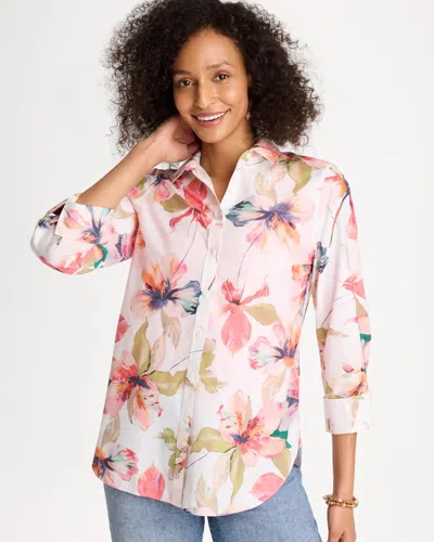 Chico's No Iron Stretch Croix Collage Shirt In Calypso Coral In Multi
