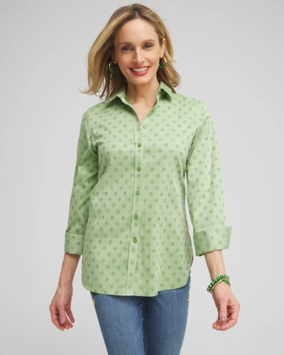Chico's No Iron Stretch Dot Print 3/4 Sleeve Shirt In Verdant Green Size Small |