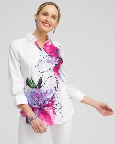 Chico's No Iron Stretch Floral 3/4 Sleeve Shirt In White Size Small |