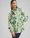 CHICO'S NO IRON STRETCH FLORAL 3/4 SLEEVE TUNIC TOP IN VERDANT GREEN SIZE SMALL | CHICO'S