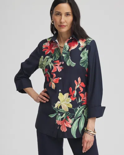 Chico's No Iron Stretch Floral Shirt In Navy Blue Size Xxl |