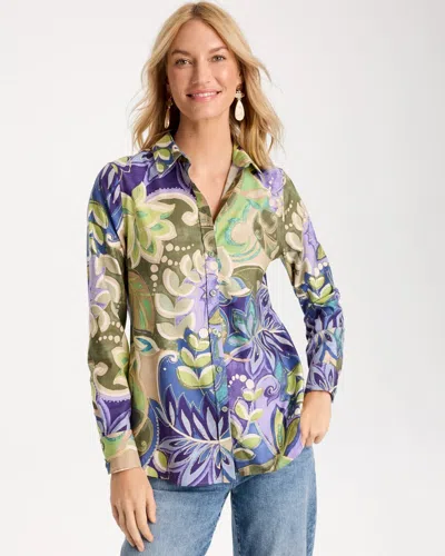 Chico's No Iron Stretch Garden Print Shirt In Purple In Parisian Purple