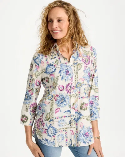 Chico's No Iron Stretch Jeweled Shirt In Blue In Multi