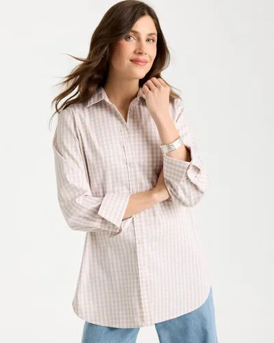Chico's No Iron Stretch Neutral Gingham Shirt In Taupe In Pink