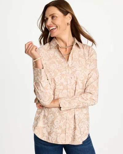 Chico's No Iron Stretch Neutral Jacquard Shirt In Champagne Fizz