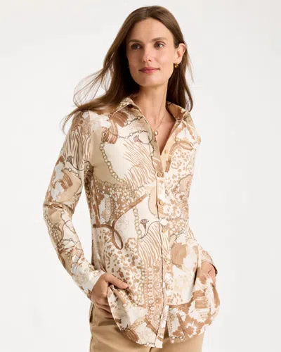Chico's No Iron Stretch Neutral Print Shirt In Toffee Tan