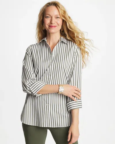 Chico's No Iron Stretch Striped Shirt In Kelp Forest In Green