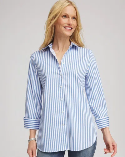 Chico's No Iron Stretch Striped Shirt In Tidal Blue