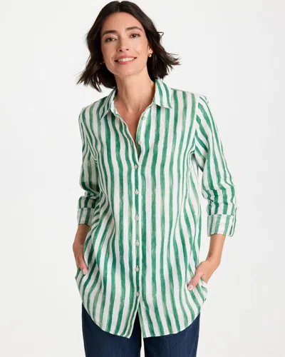 Chico's No Iron Striped Linen Tunic In Hunter Green