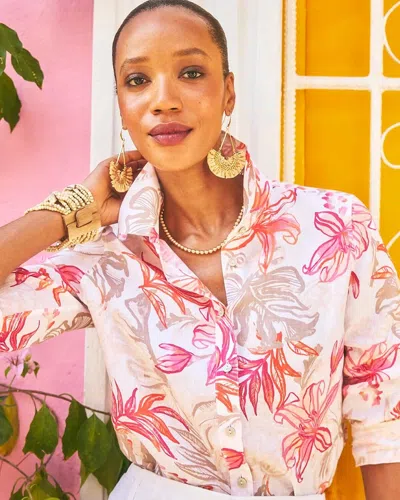 Chico's No Iron Tropical Floral Linen Shirt In Pink
