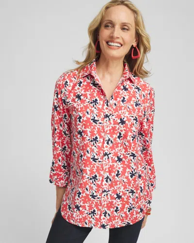 Chico's No Iron™ Warm Floral Shirt In Coral Zinnia Size Large |