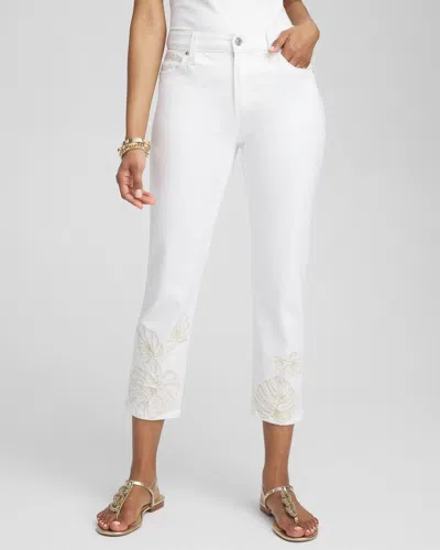 Chico's No Stain Embroidered Girlfriend Cropped Capri Jeans In White Size 10 |