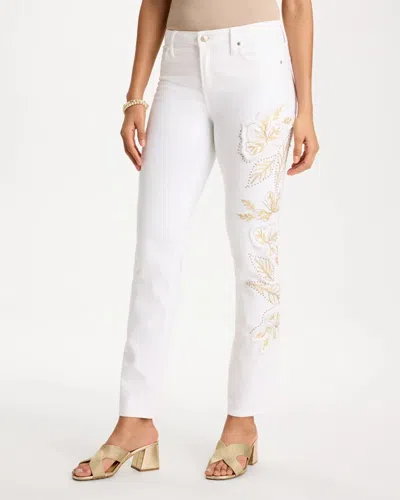 Chico's No Stain Girlfriend Floral Embellished Slim Ankle Jeans In White