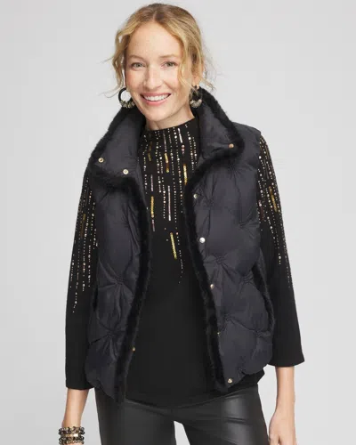 Chico's Nylon Fur Trim Puffer Vest In Black Size Large |