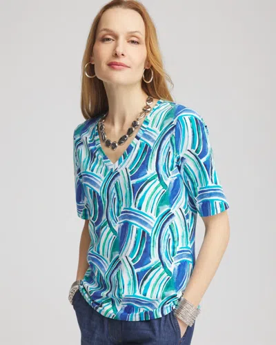 Chico's Ocean Print V-neck Perfect Tee In Blue