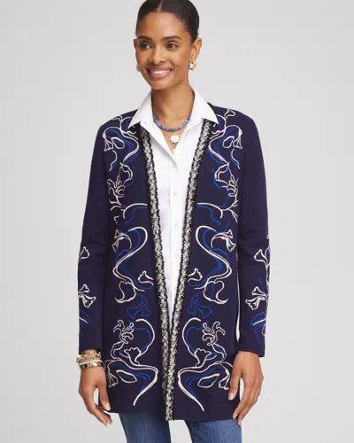 Chico's Open-front Embroidered Cardigan Sweater In Blue Size 8/10 |  In Passport Blue