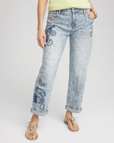 Chico's Paisley Applique Cropped Jeans In Starboard Indigo Size 14 |