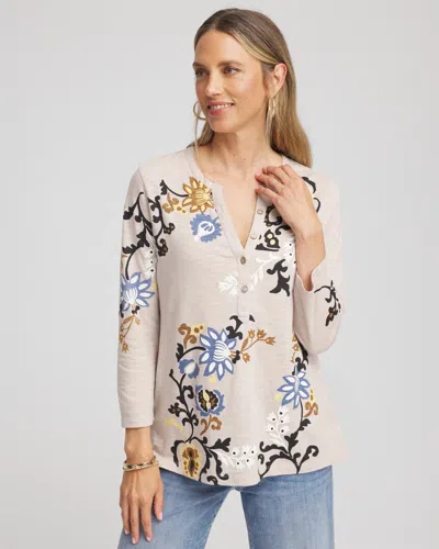 Chico's Paisley Cotton-slub Splitneck Henley In Taupe In Brown