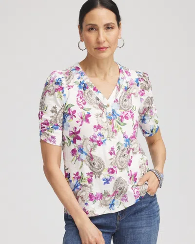 Chico's Paisley Shirred-sleeve Henley Tee In White Size 20/22 |  In Alabaster