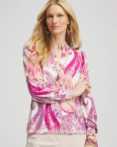 Chico's Paisley Smocked Long-sleeved Tee In White Size 8/10 |  In Vanilla Cream