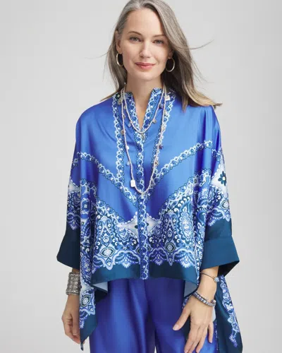 Chico's Paisley Splitneck Pleated-cuff Poncho In Blue