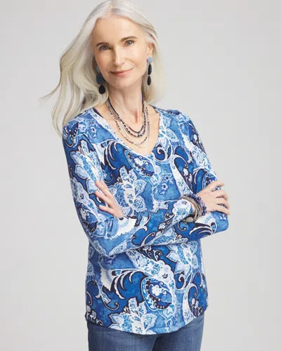 Chico's Paisley V-neck Pullover Sweater In Blue Size 8/10 |  In Blue Muse