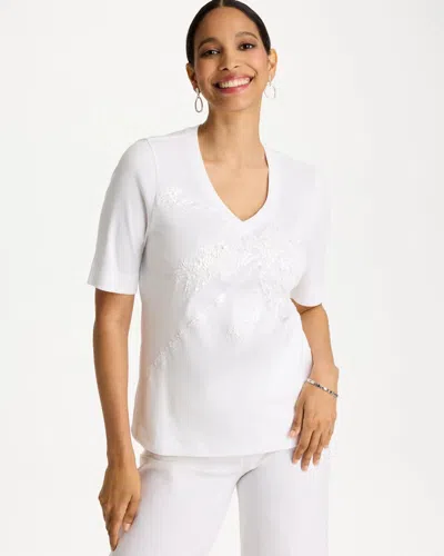 Chico's Palm Embellished Pima Elbow Sleeve Tee In White