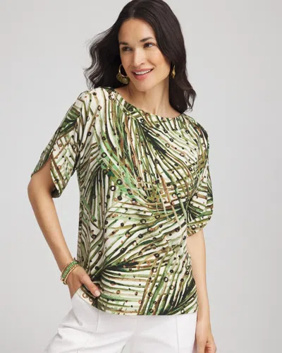 Chico's Palm-frond-motif Jersey Dolman Tee In White In Sand