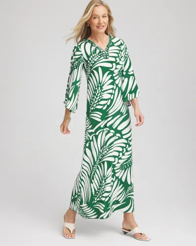 Chico's Palm-front-motif Beaded Knit Maxi Dress In Palm Leaf In Green