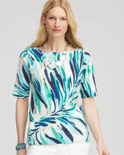 Chico's Palm Print Pima Cotton Bateau-neck Tee In Blue