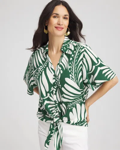 Chico's Palm Print Tie-front Silky Top In Palm Leaf In Green